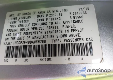 2011 Honda Accord 2.4 Lx-P from USA, damaged, VIN 1HGCP2F40BA059269